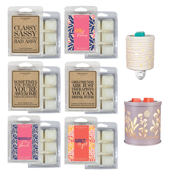 A collection of Cactus Flowers scented wax melts and a diffuser set on a white background, featuring various humorous and romantic scent labels like 'Classy & Sassy', 'Girl Relax', 'Mentally Weird', and 'Girl's Night'.