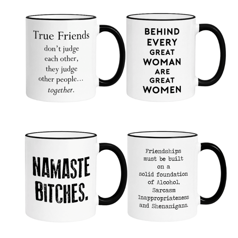 Four white ceramic mugs with black handles and rims, arranged in a 2x2 grid. Each mug features a different black printed quote on a clean white background.