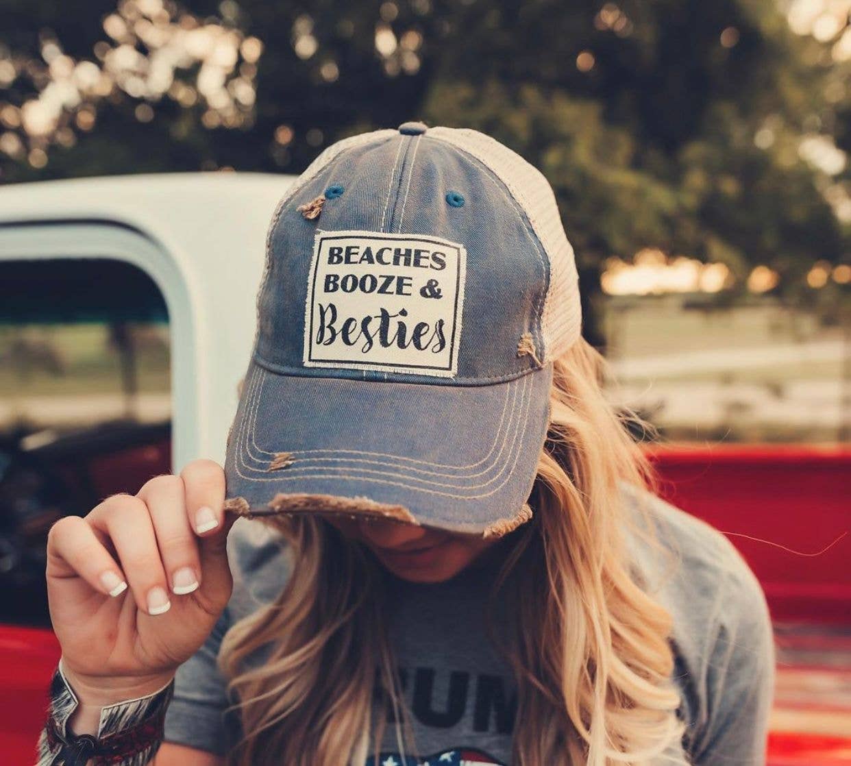 Beaches Booze & Besties Distressed Trucker Hat Baseball Cap - Girls Trip Goods