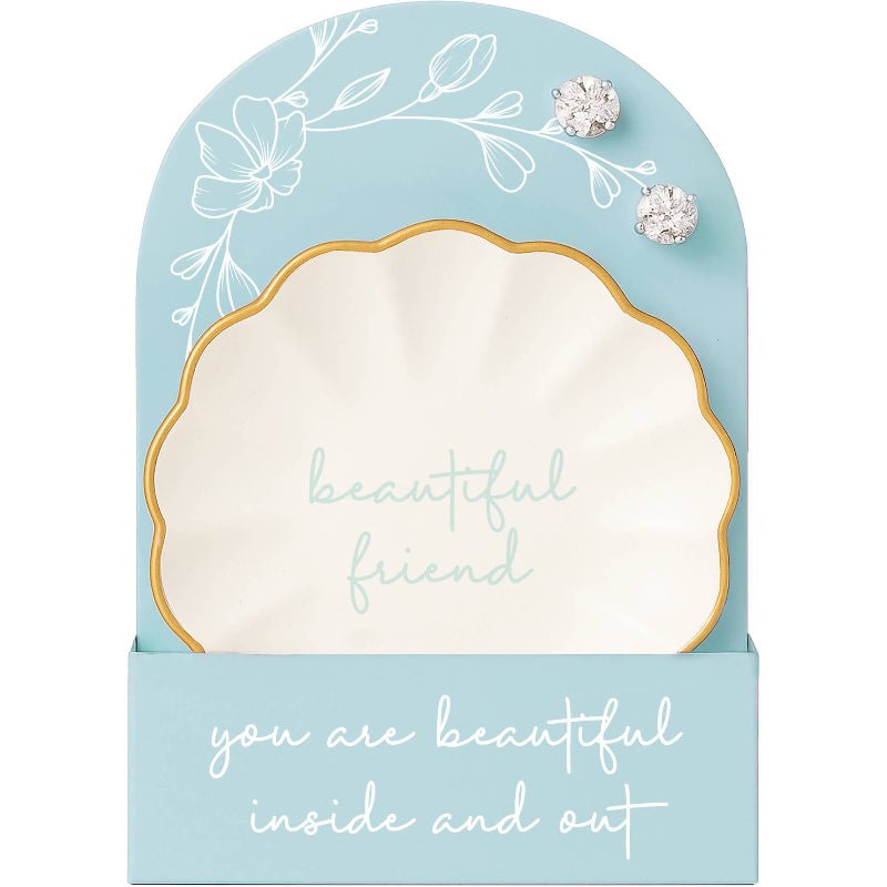 Beautiful Friend Trinket Dish & CZ Earring Gift Set | Sterling Silver 5mm Studs - Girls Trip Goods