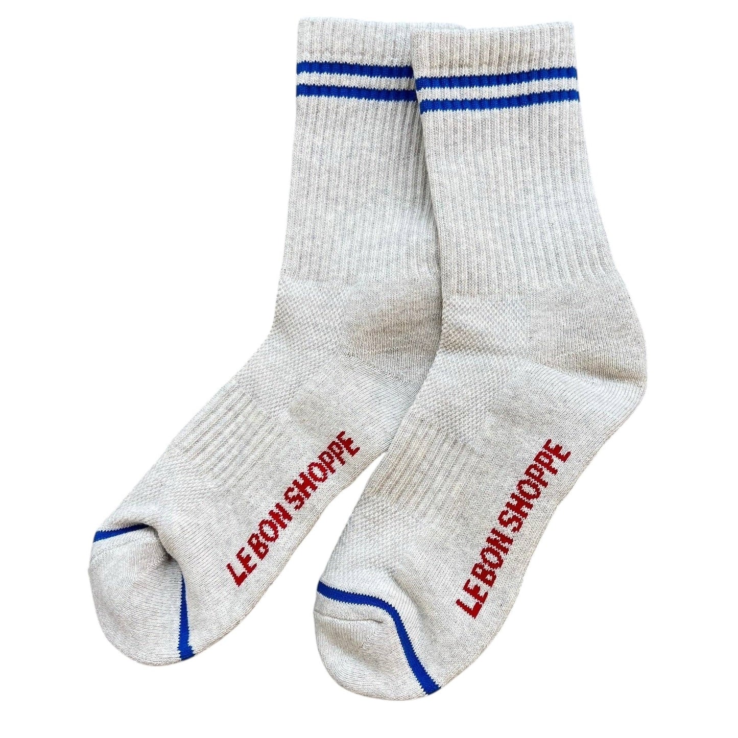 Boyfriend Socks Grey Ivory Heather Crew Socks with Blue Double Stripe by Le Bon Shoppe - Girls Trip Goods