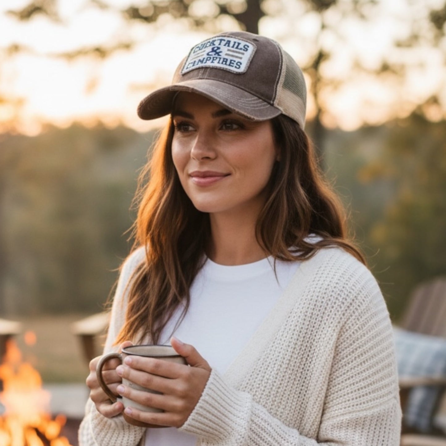 Cocktails & Campfires Distressed Trucker Hat - Girls Trip Goods