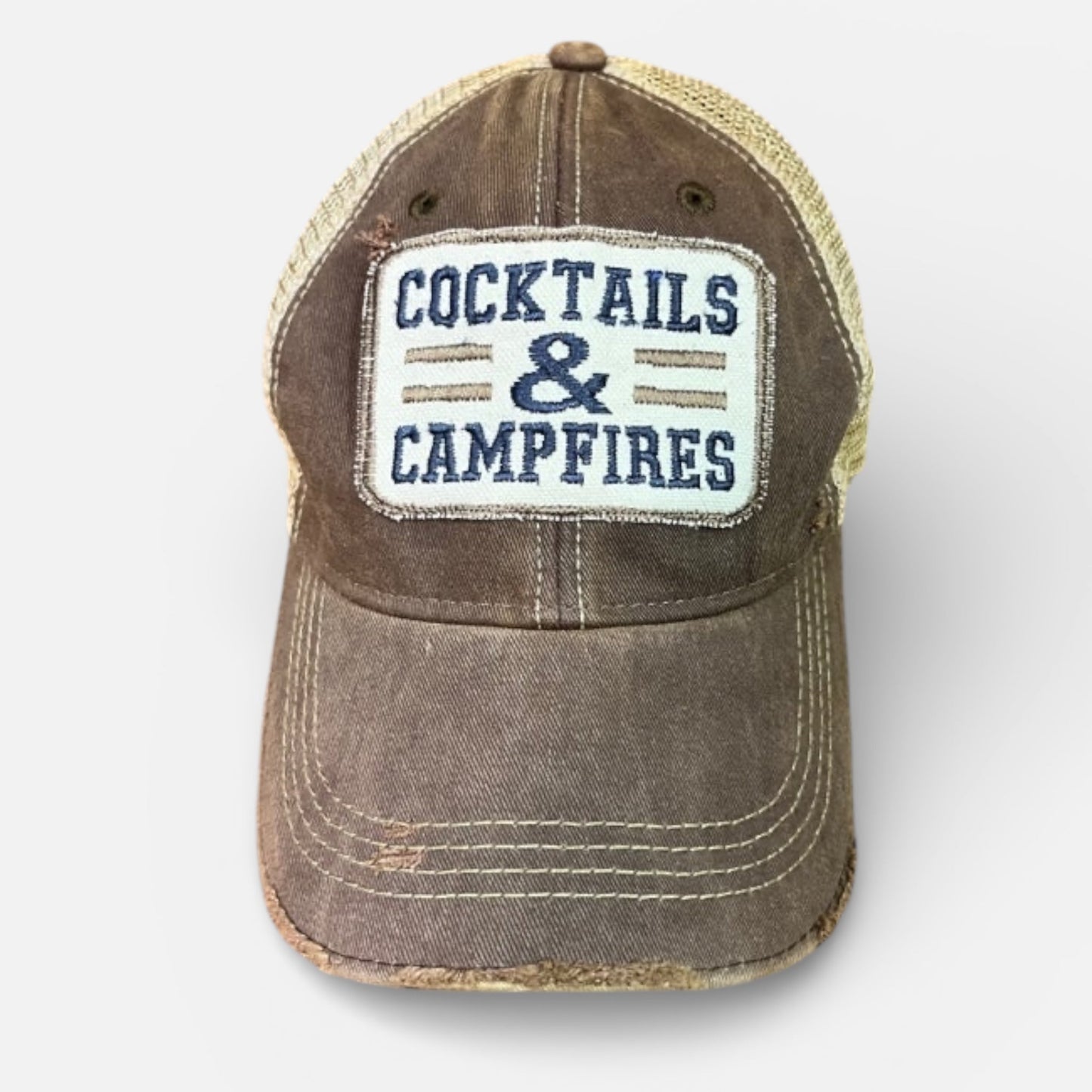 Cocktails & Campfires Distressed Trucker Hat - Girls Trip Goods