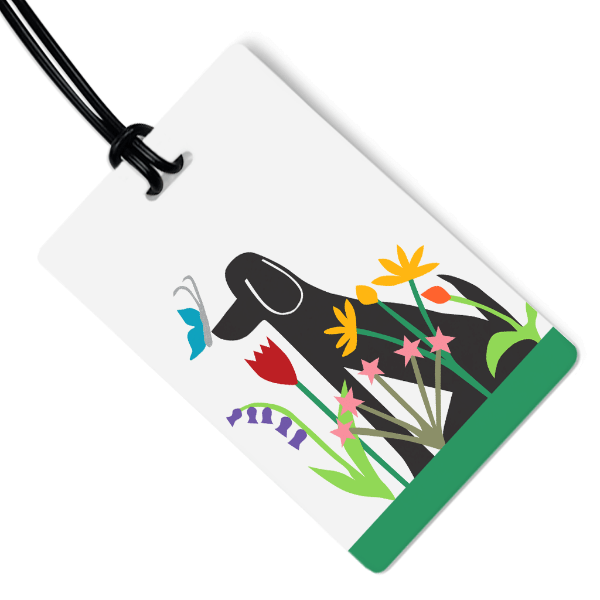 Dog in Garden Luggage Tag with Black Strap – Cute Travel Gift for Dog Moms - Girls Trip Goods