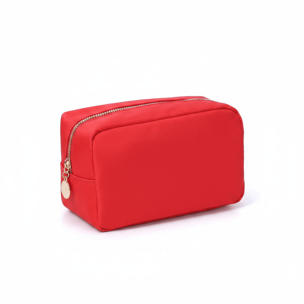 Emma Round Zippered Nylon Cosmetic Pouch | Red Travel Bag - Girls Trip Goods