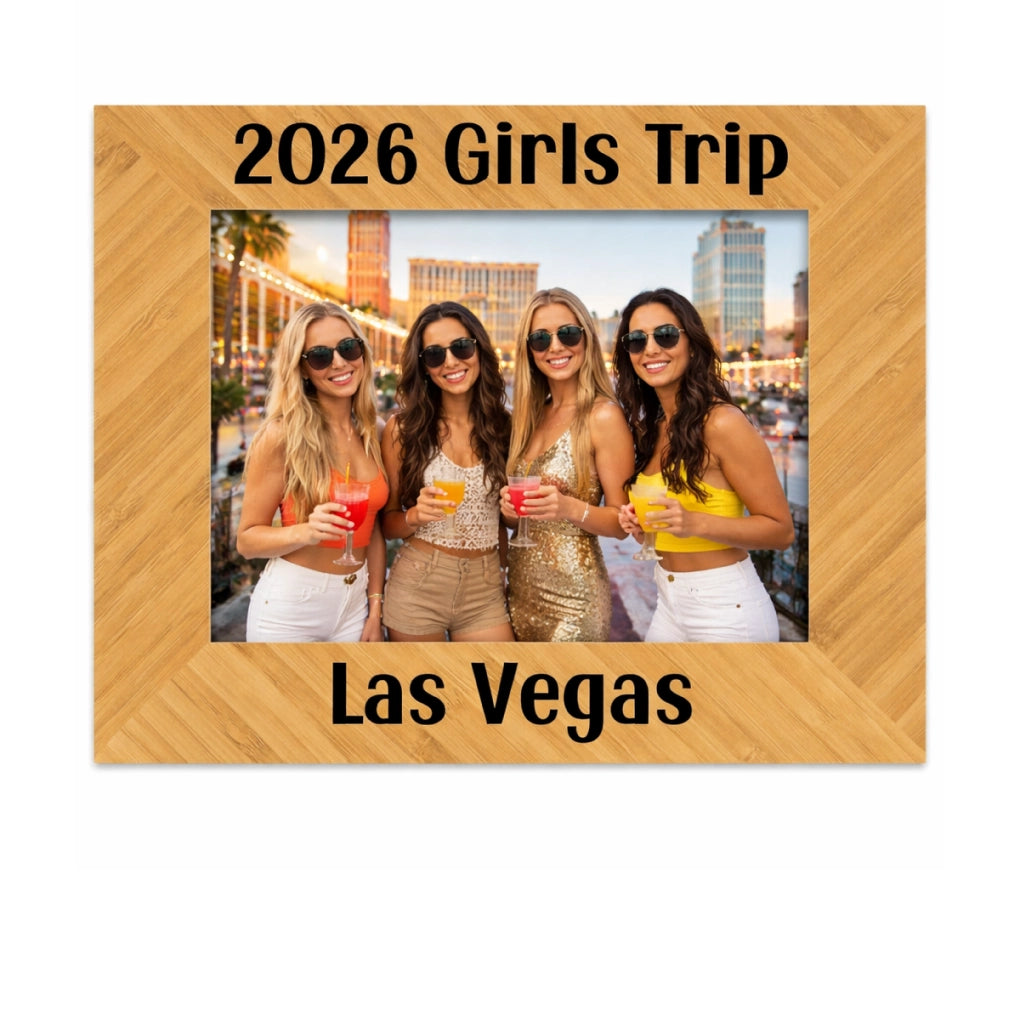 Wooden photo frame with '2026 Girls Trip Las Vegas' text and a photo of four women.