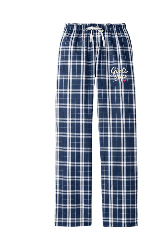 Girls Trip Goods Navy Blue Plaid Flannel Logo Pants - Comfy Lounge PJ Bottoms with Pockets (XS–4XL) - Girls Trip Goods
