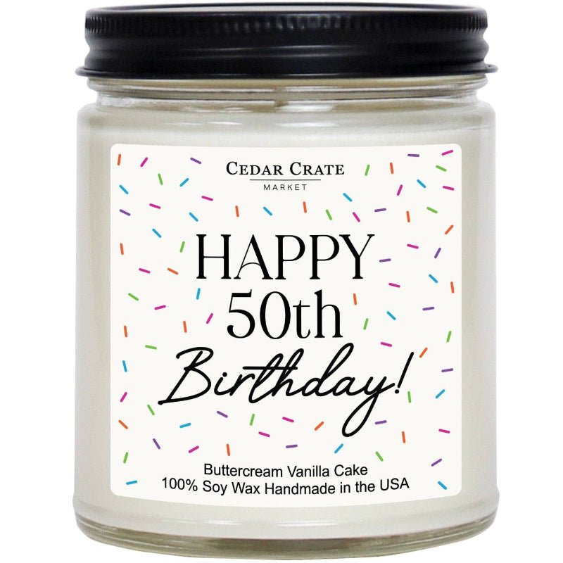 Happy 50th Birthday Soy Jar Candle | Buttercream Vanilla Cake Scent | 9 oz - Girls Trip Goods