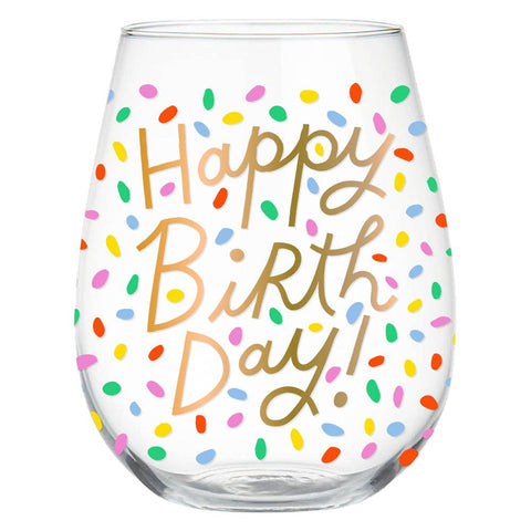 Happy Birthday Wine Glass | 22oz Stemless Birthday Glass with Gold Confetti - Girls Trip Goods