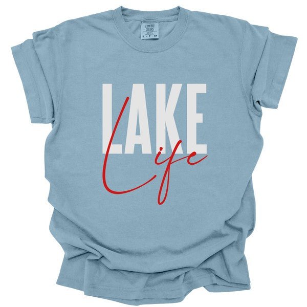 Light blue t-shirt with 'Lake Life' text on a white background