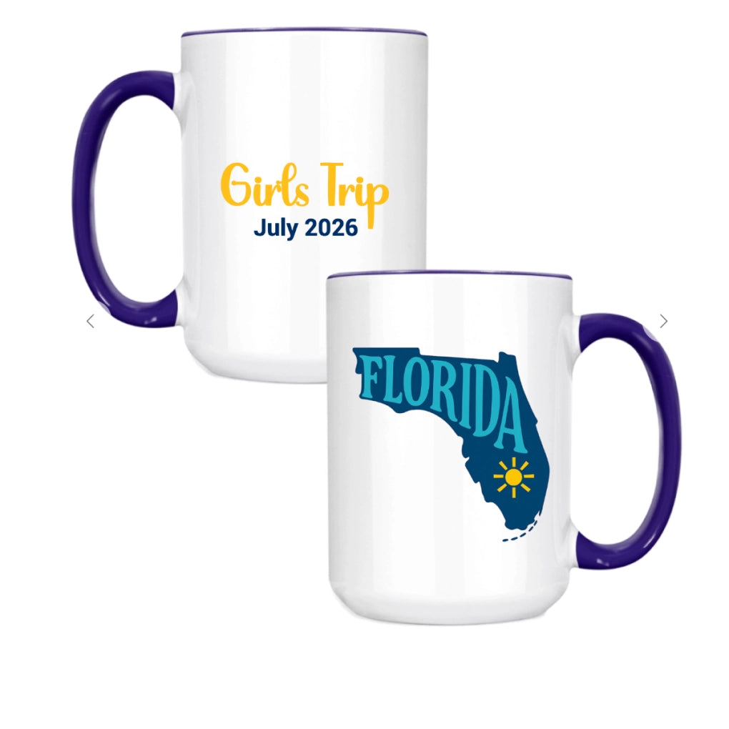 Two white mugs with purple handles, one displaying 'Girls Trip July 2026' and the other featuring a map of Florida.