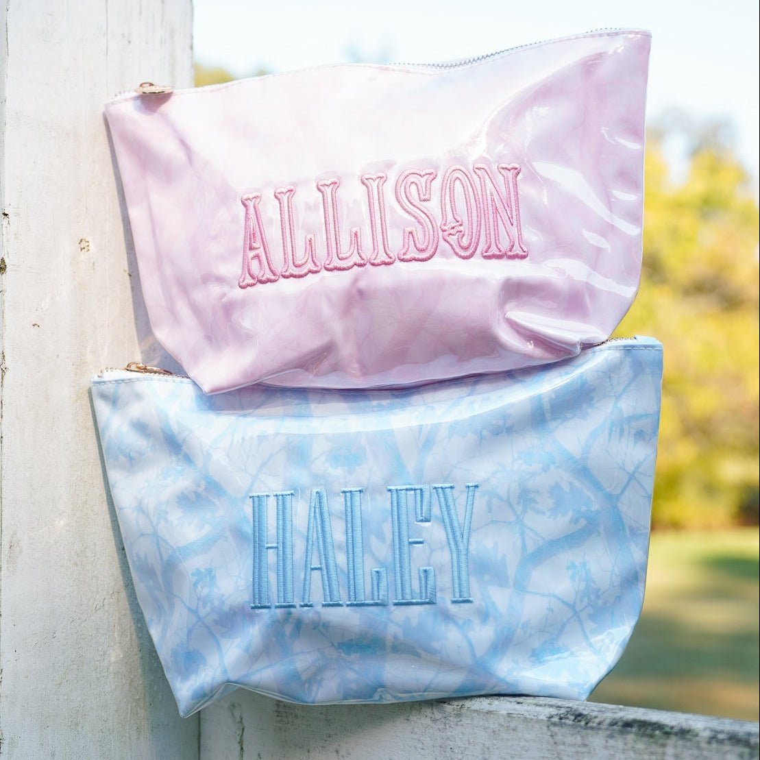 Personalized Camo Clear Coated Zipper Pouch – Pink or Blue (12" x 7" x 4.5") - Girls Trip Goods
