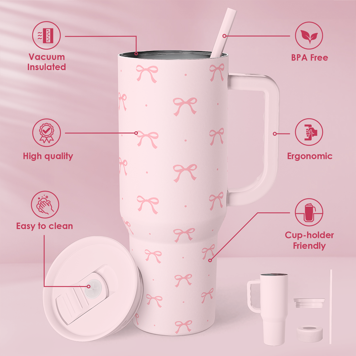 Pink Bows 40oz Tumbler with Handle - Girls Trip Goods