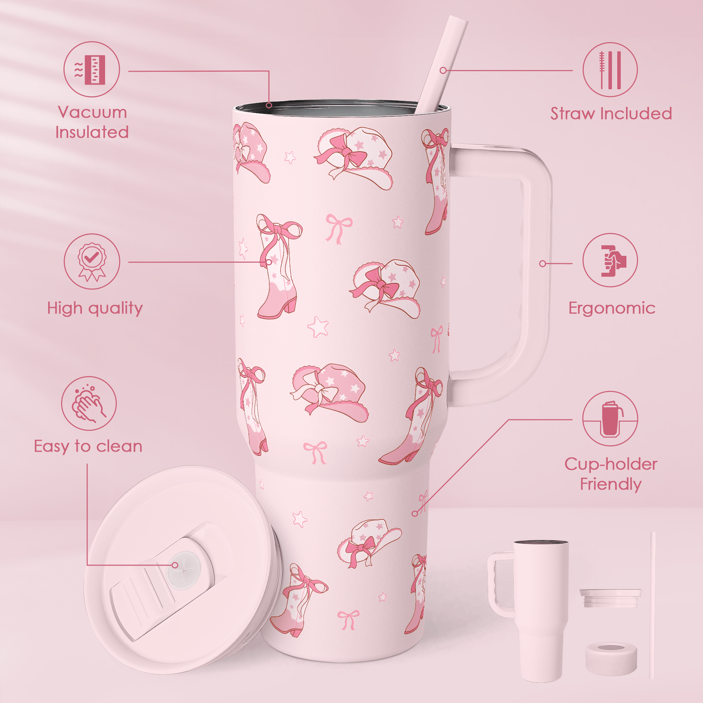 Pink Cowgirl Boots 40oz Tumbler with Handle - Girls Trip Goods