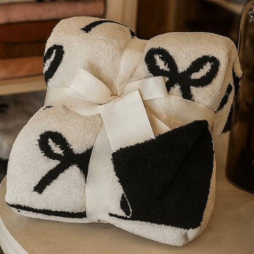 Reversible Bow Print Throw Blanket – Black & Cream (50" x 59.84") - Girls Trip Goods