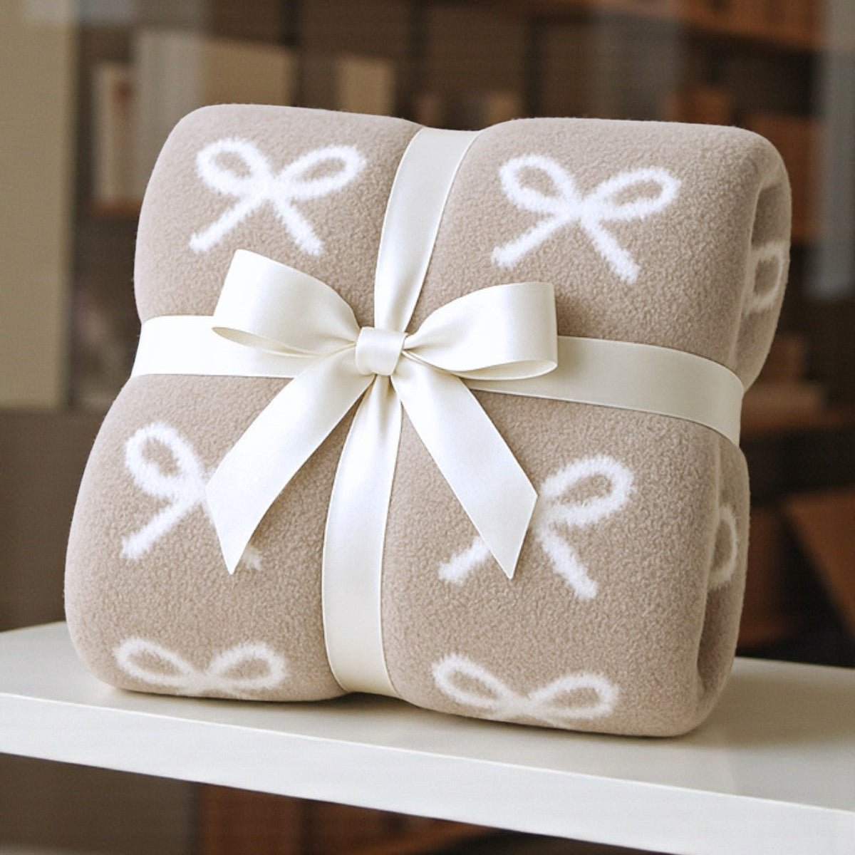 Reversible Bow Print Throw Blanket – Taupe & Cream (50" x 59.84") - Girls Trip Goods