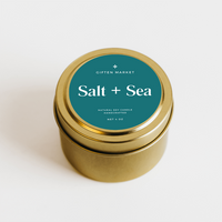 Salt & Sea Soy Candle - 4oz Gold Travel Tin - Ocean Breeze Summer Scent - Girls Trip Goods