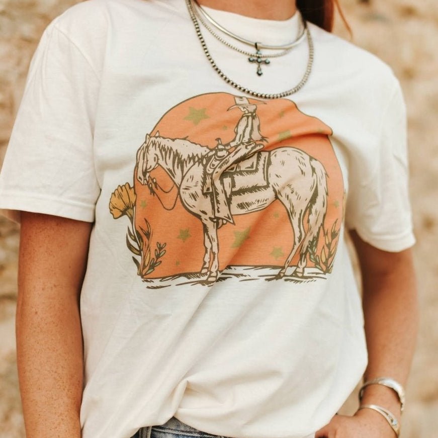 Sunset Cowgirl Rider Graphic Tee - Western Sunset Shirt - Girls Trip Goods
