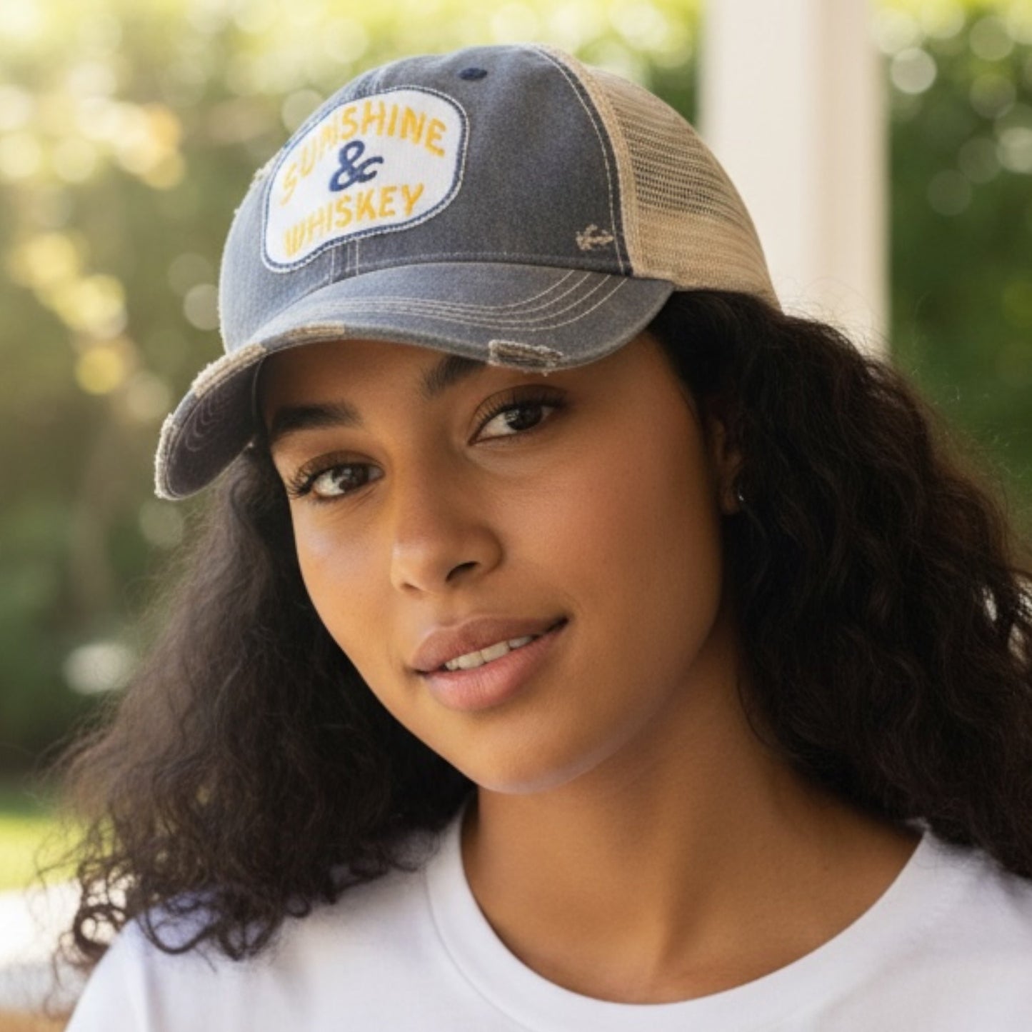 Sunshine & Whiskey Distressed Trucker Hat - Girls Trip Goods