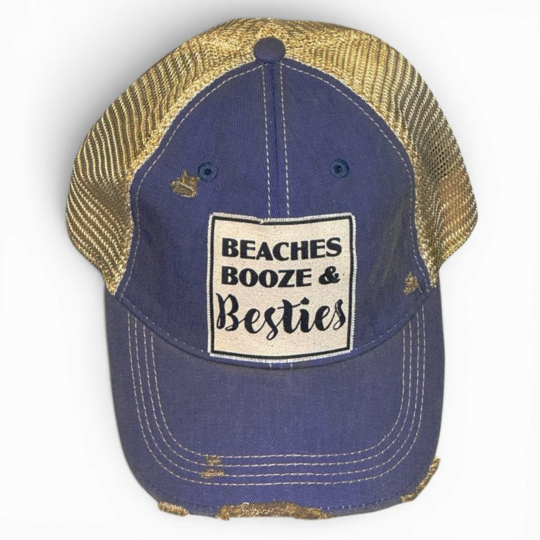 Trucker Hat Baseball Cap - Beaches Booze & Besties Distressed - Girls Trip Goods